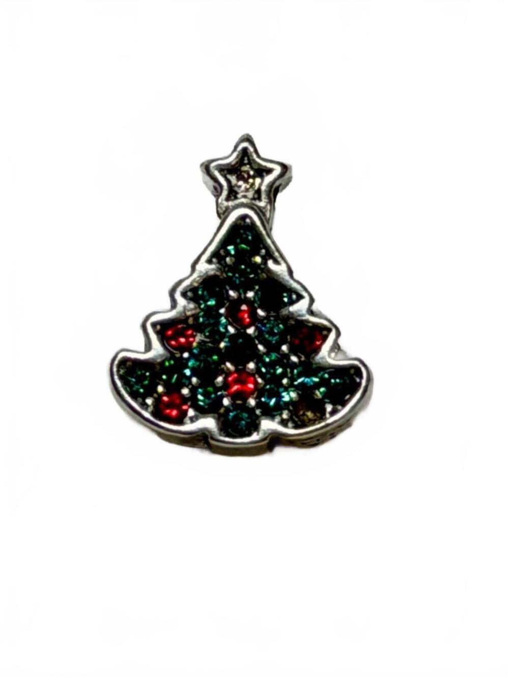 Sterling Silver Italian Christmas Tree Charm with Green and Red Rhinestones